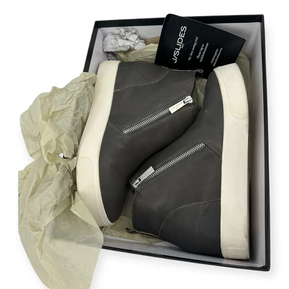 J/Slides Sky Leather Wedge Sneaker Boots Hidden Heel Zip Detail Gray Size 8.5‎